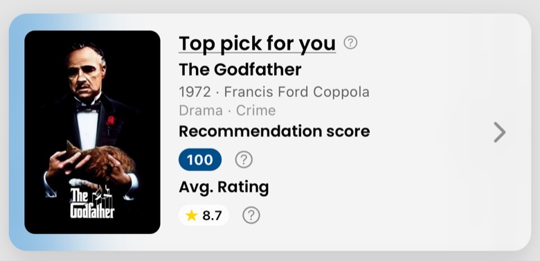 Movi's top pick for you card: The Godfather, with its recommendation score and average rating
